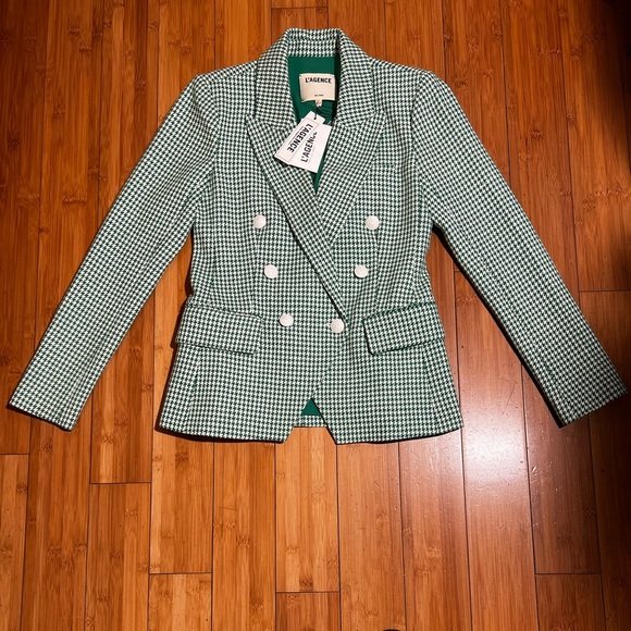 NWT L'AGENCE Kenzie Double-Breasted Blazer Checked Green Grass Size 2 - Picture 4 of 16